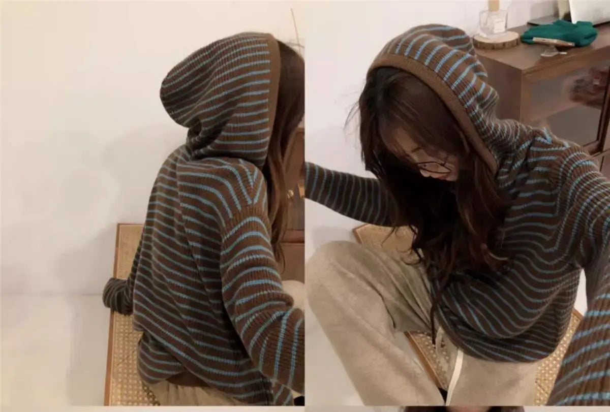 2023 New Tops Wide Casual Korean Hooded Striped Fashion Sweater Outer Wear Women Autumn and Winter - reetell