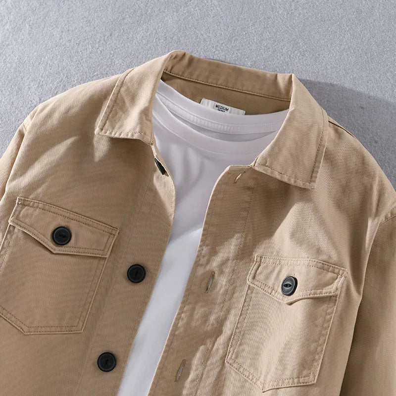 100% Cotton Tooling Japanese Jacket, New Coat Men's Long Sleeve Khaki Shirt, Casual Cotton Comfortable Thick Shirt camping - reetell