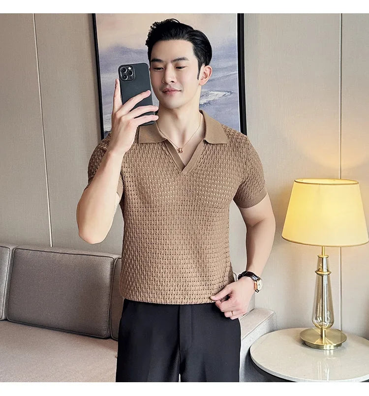 Men's Polo Shirt 2024 Summer New Light and Thin Knitted Hollow Solid Color Casual Short Sleeved V-neck T-shirt Men's Clothing