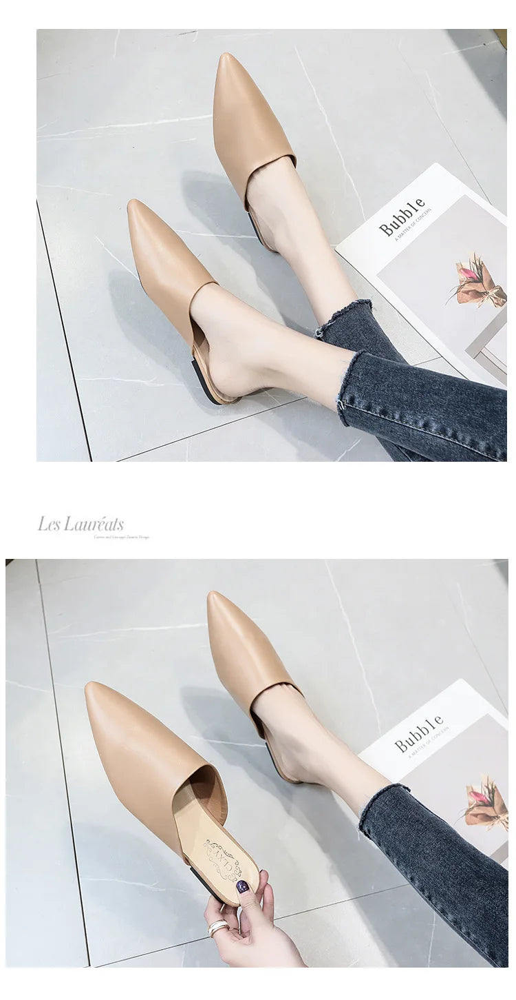 Women Spring Summer Slippers Mules Soft Leather Pointed Toe Slip On Sandalias Soild Mature Fashion Casual Low-heeled Shoes Mujer