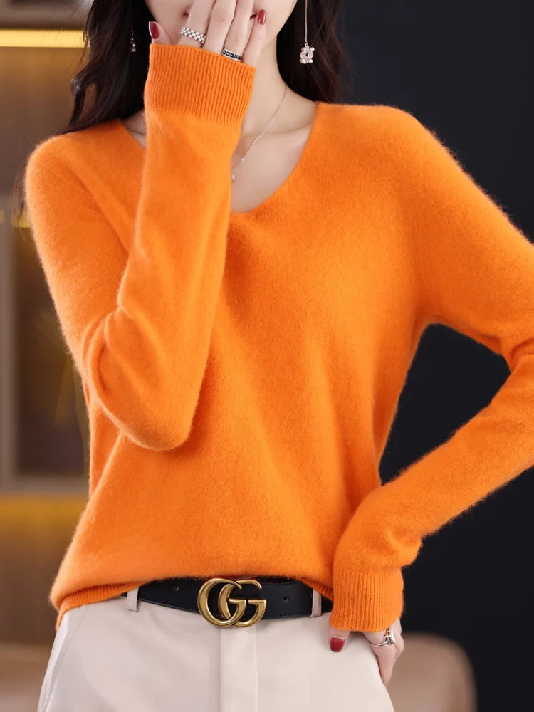 Aliselect Fashion Autumn Winter Basic 100% Merino Wool Sweater V-Neck Long Sleeve Women Knitted Pullover Cashmere Clothing Top - reetell