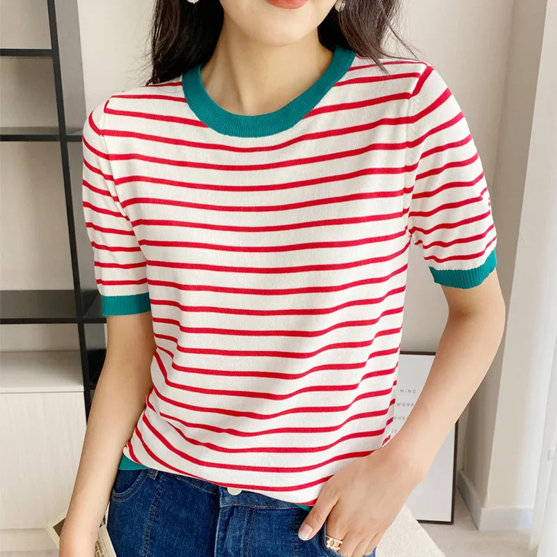 Short Sleeve T-shirts Women Striped Basic Chic Simple All-match Harajuku Retro Cotton O-neck Trendy Loose Leisure Cozy Womens - reetell