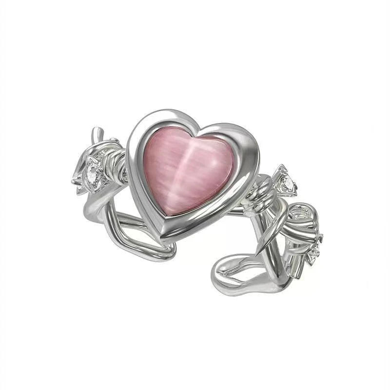 Y2K Trendy Pink Heart Ring Cat Eye Peach Heart Adjustable Women Design Premium Rings Wedding Party Jewelry Gifts Wholesale