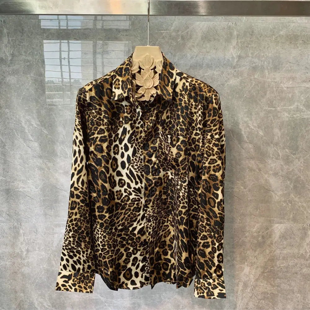 Spring Autumn Polo-neck Personality Leopard Printed Shirt Male Long Sleeve Harajuku Y2K Streetwear Casual Fashion Blouse Top Men