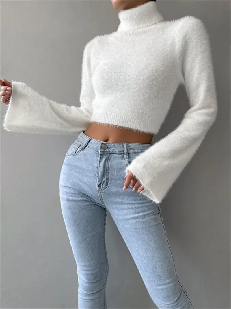 Autumn and winter Europe and the United States cross-border new Amazon turtleneck short belly button fleece sweater - reetell