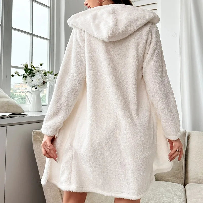 White Three Piece Set Flannel Women Pajamas Long Sleeves Robe Vest Shorts Autumn Winter Casual Sleepwear Soft Pyjamas Cozy Comfy - reetell