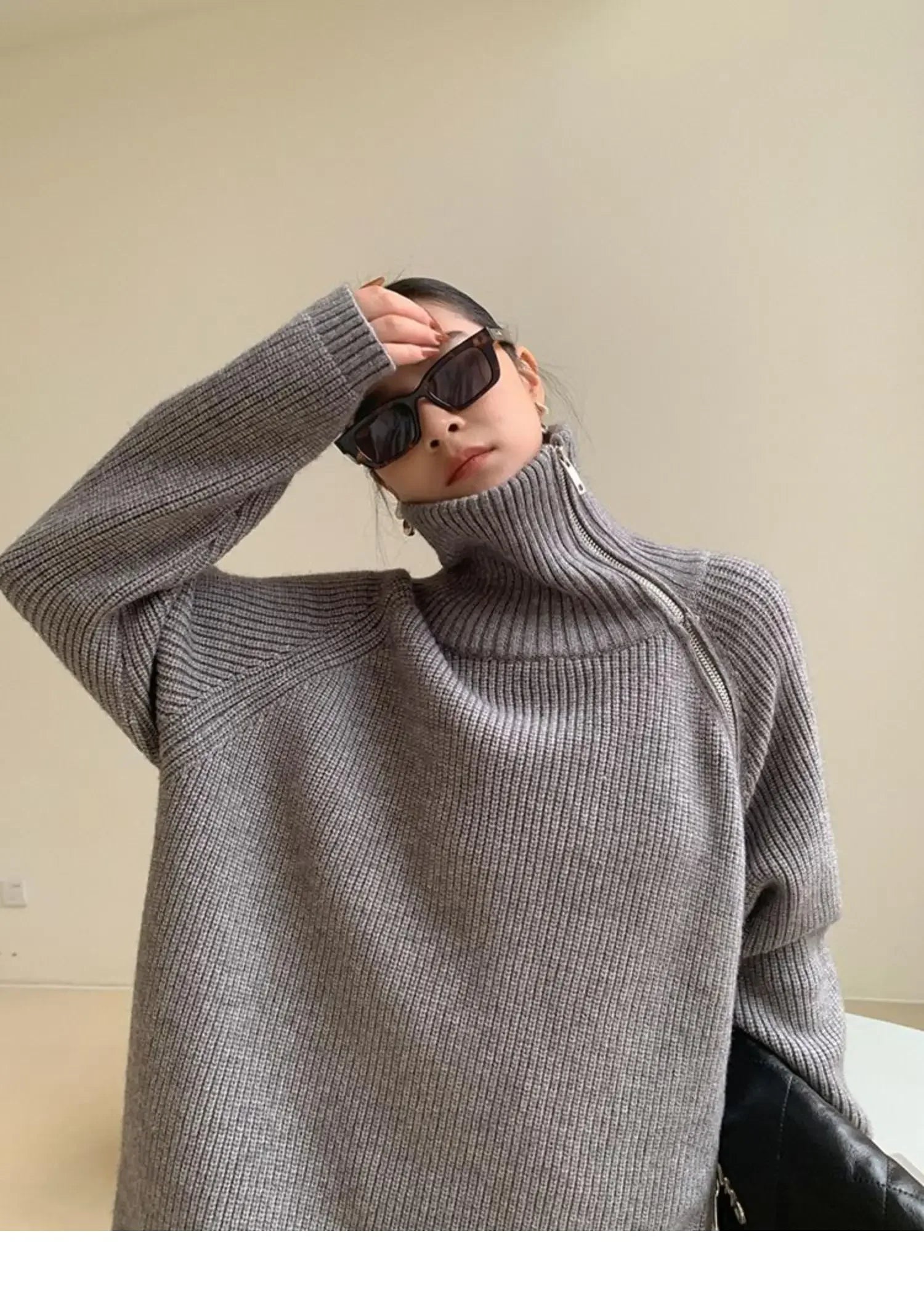 2023 Winter Women's Turtleneck Zipper Oversize Fashion Sweaters Autumn New Knitwears Loose Thick Warm High Neck Solid Pullovers - reetell