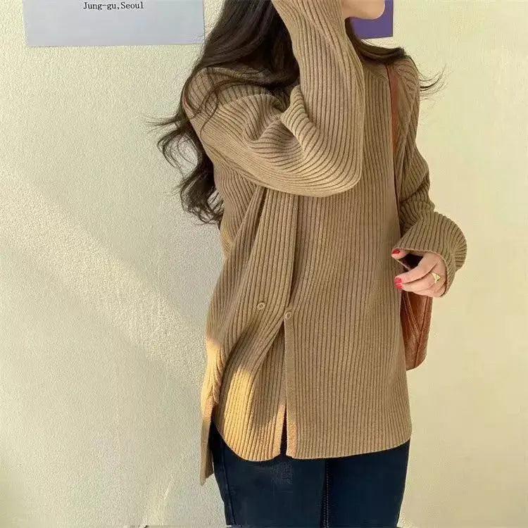 Women's Knit Sweater Off-white Loose Turtleneck Ladies PulloversButtons Slit Hot Sale Winter Offers Trend New Knitwear 2024 - reetell