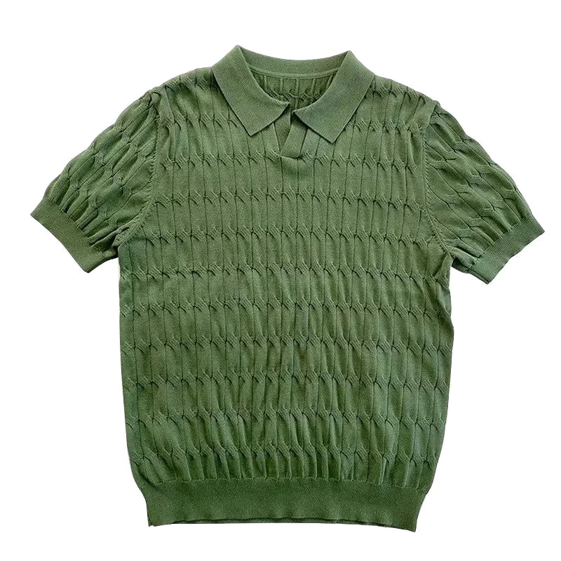 Men's Knitted Jacquard Polo Shirt Casual Stripe V-Neck Solid Color Short Sleeve T-Shirt Breathable Light Luxury Clothing