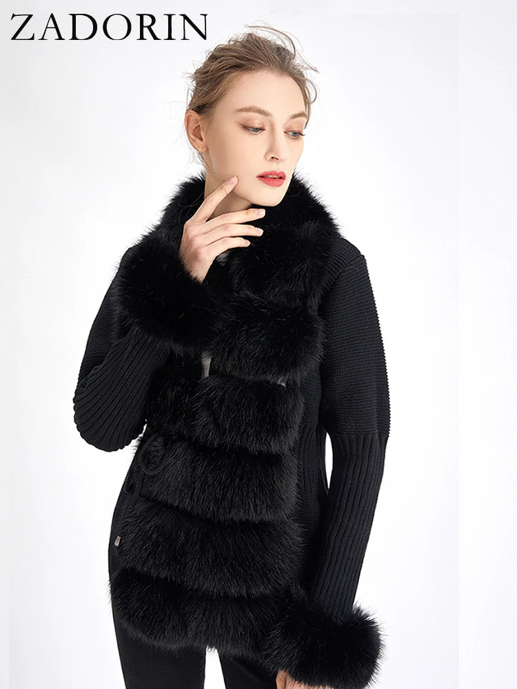 ZADORIN Luxury Fur Cardigan Knit Winter Sweater Women Elegant Detachable Fur Belt White Pink Black Womens Cardigan Korea Style - reetell