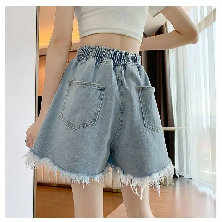 Big Size Denim Shorts Summer Thin Section Wide Leg Wide Loose Tight High Waist Female Students Fattening Women Tassel Wide - reetell