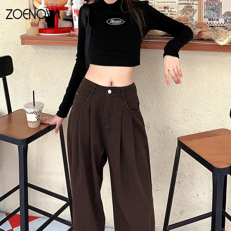 ZOENOVA Spring Autumn Korean New Fashion Dark Brown Women's Jeans Street Casual Wide Leg Pants Loose Straight Versatile Trousers - reetell