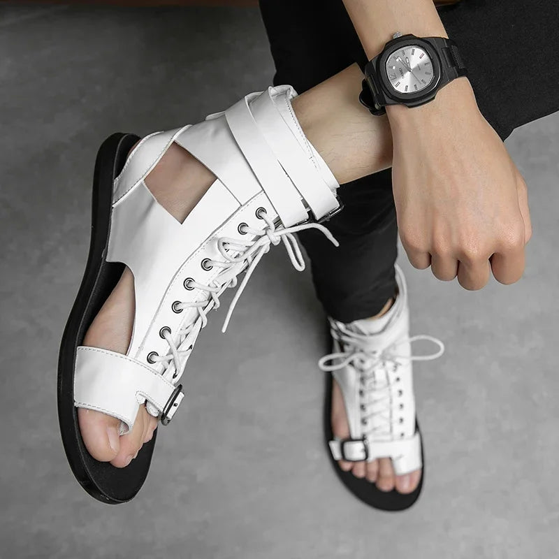 Summer New Men Gladiators Lace Up Buckle Leather Casual Shoes Breathable Beach Sandals Outdoor Slippers Black White Plus Size