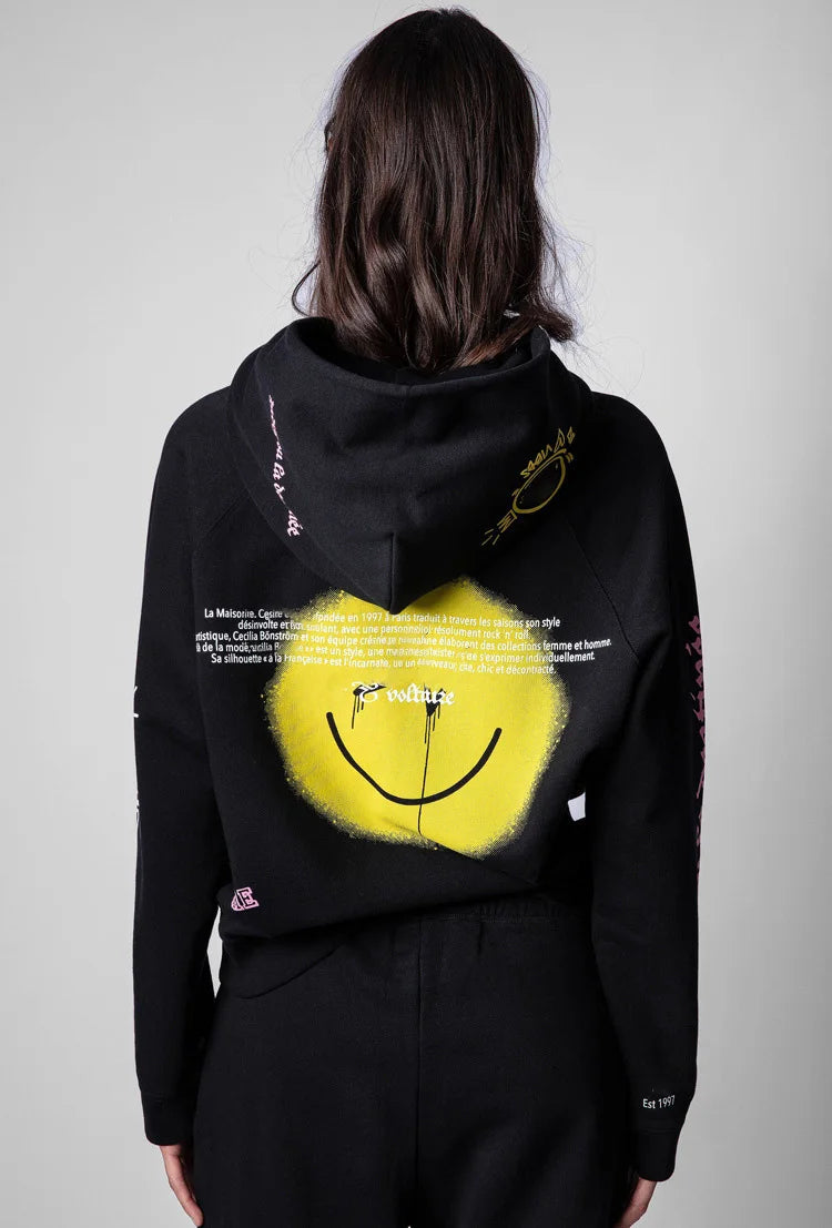 Letter Happy Face Sweatshirt For Women Long Sleeve Fleece Sweatshirt Fashion Casual Pullover Pocket Cotton Hoodie Sweatshirt - reetell