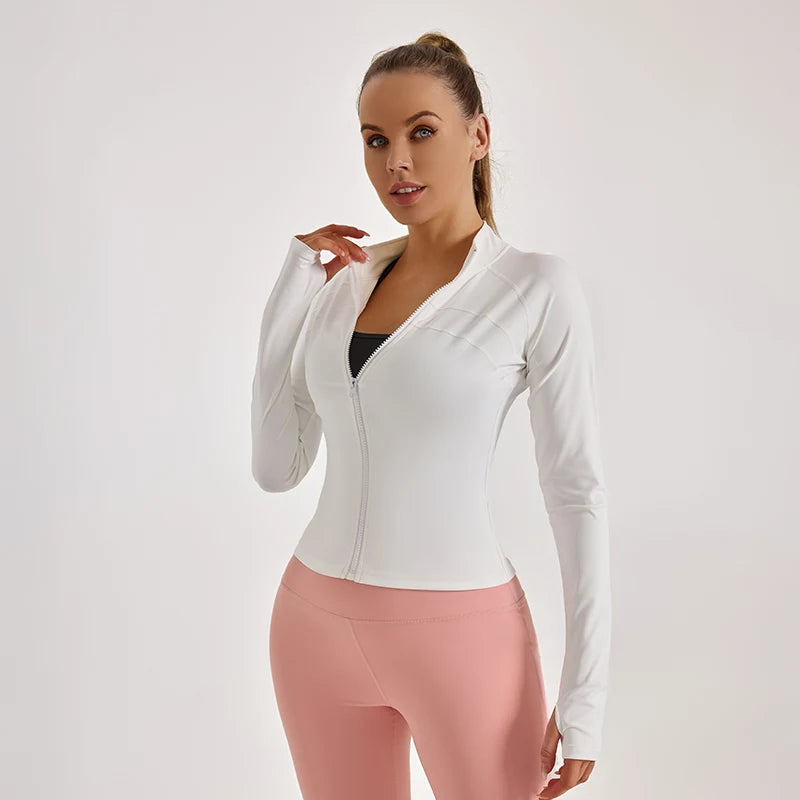 High Elasticity Long Sleeve Quick Dry Soft Fabric Anti-piling Sun-proof Yoga Coat Women Zipper Fitness Black White Yoga Jacket