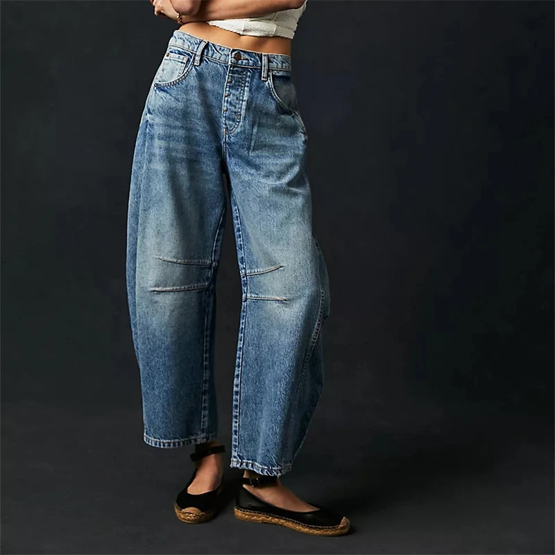 Midiross High Stretch Mid-Rise Barrel Jeans Fashion wide Leg Shape Women Casual Baggy Mid Waist Denim Jeans - reetell