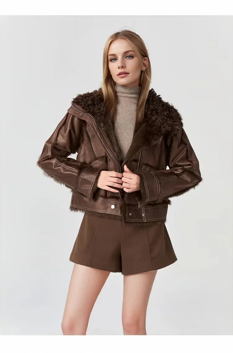 2024 Winter Short Style Fur Women Sheepskin Jacket Tanned Suede Luxury With 100%Natural Rabbit Lining Luxury Fashion Fur Coat - reetell