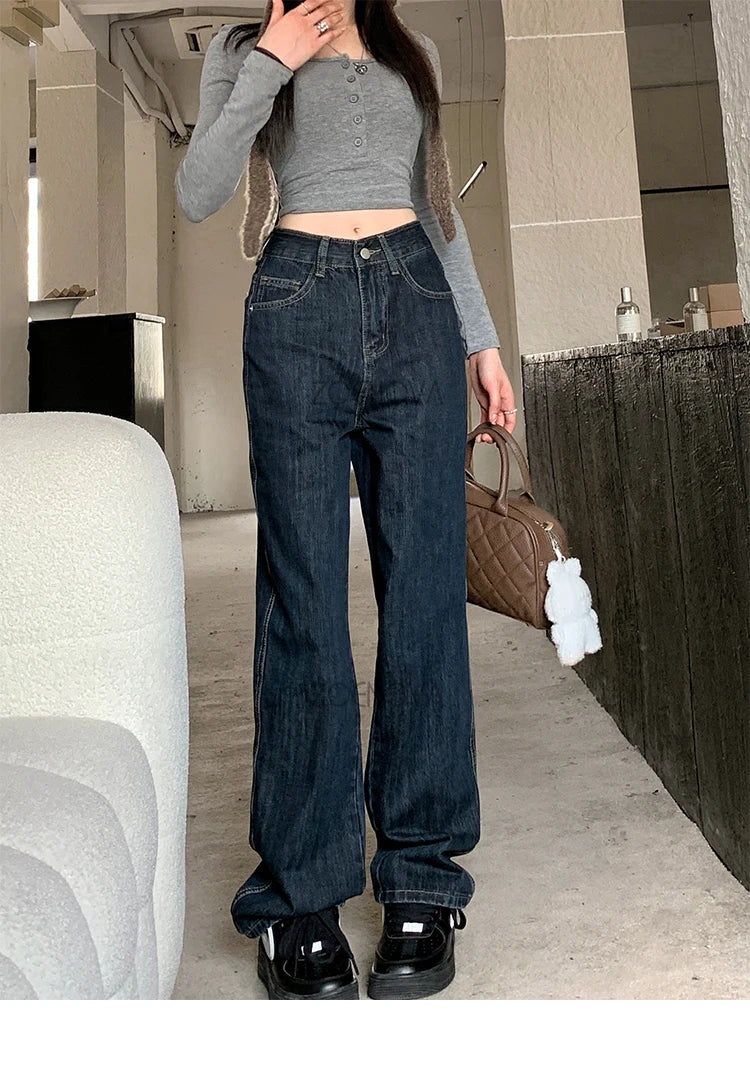 ZOENOVA High Waist Straight Women's Jeans 2024 Spring Korean Fashion Ladies Simple Versatile Loose Dark Blue Wide Leg Trousers - reetell