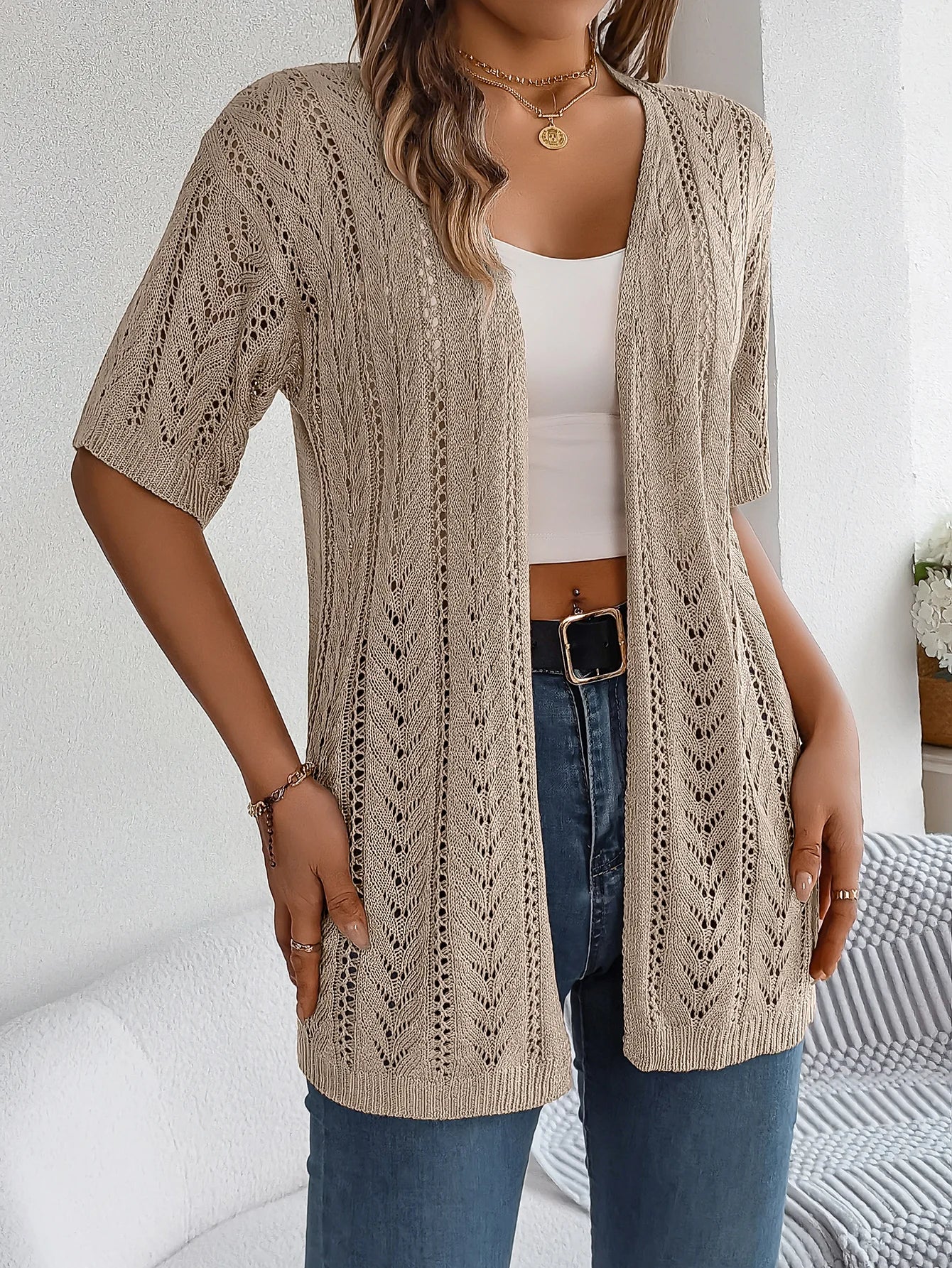 Casual Solid Color Short Sleeve Hollow Knitted Cardigan For Women - reetell