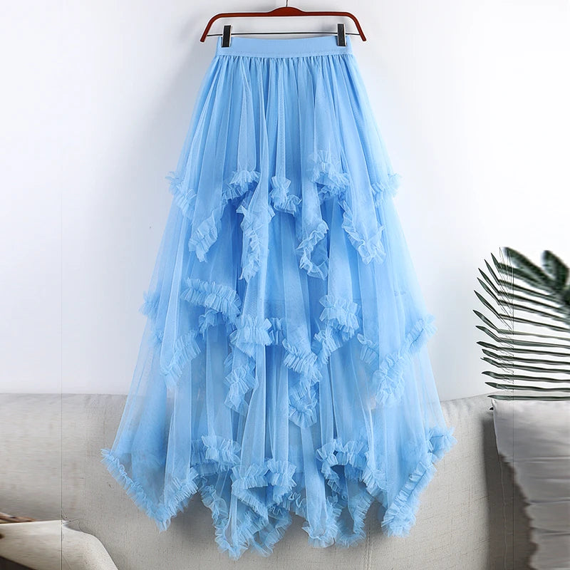 TIGENA Tutu Tulle Long Skirt for Women 2023 New Summer Korean Aesthetic Cute Irregular Mesh High Waist Maxi Skirt Female Purple - reetell