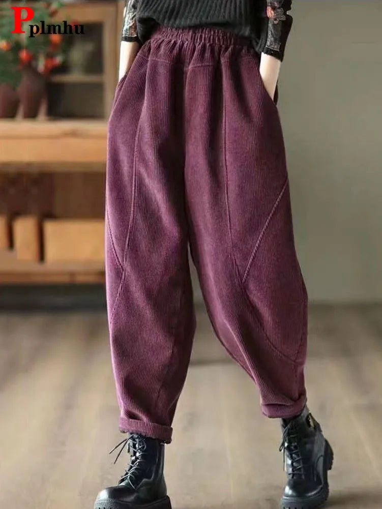 Corduroy Baggy Autumn Winter Harem Pants Casual High Waist Warm Women Pantalones Vintage Ankle-length Jogger Fashion Trousers - reetell