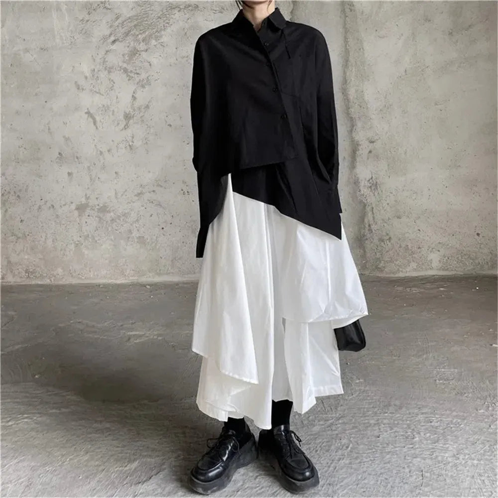 Gothic Frosty Irregular Skirts Pants Women High Waist Solid White Black Brown Long Pleated Skirts 2022 Korean Hip Hop Streetwear - reetell