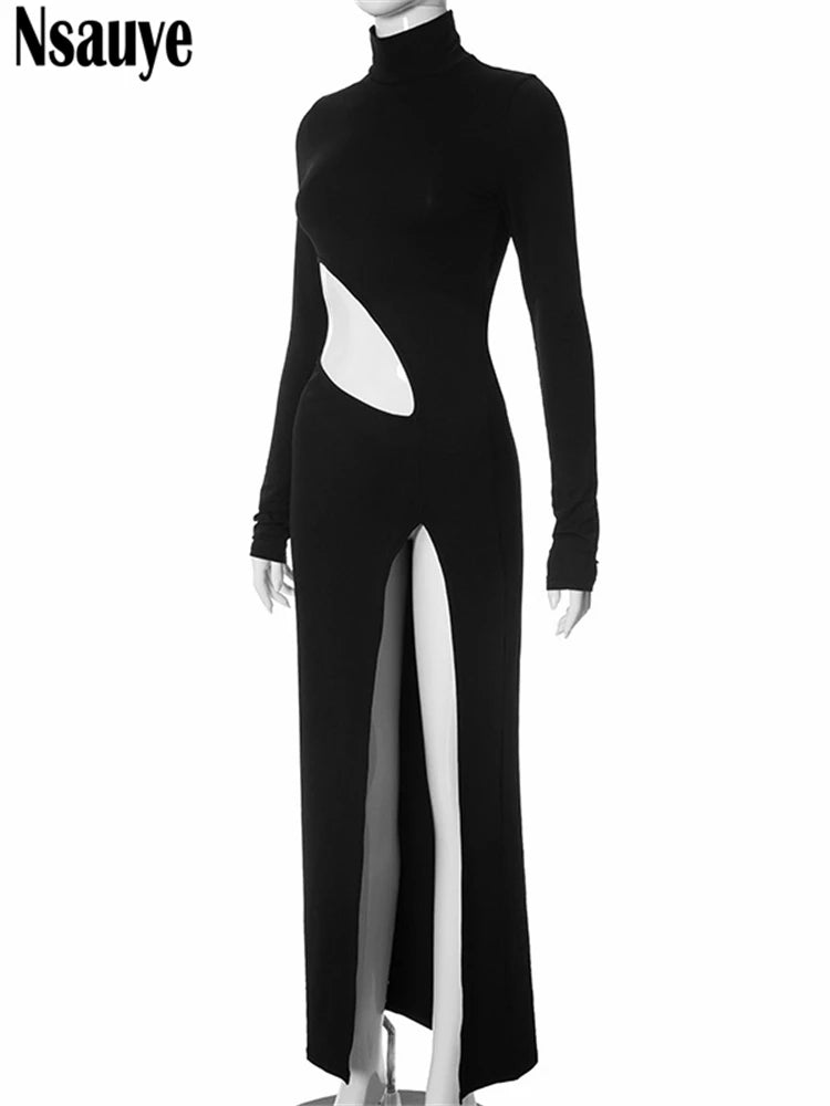 Nsauye Elegant Dress Winter 2023 Women Turtleneck High Split Bodycon Long Fashion Sexy Hollow Out Evening Club Dress Party Night - reetell