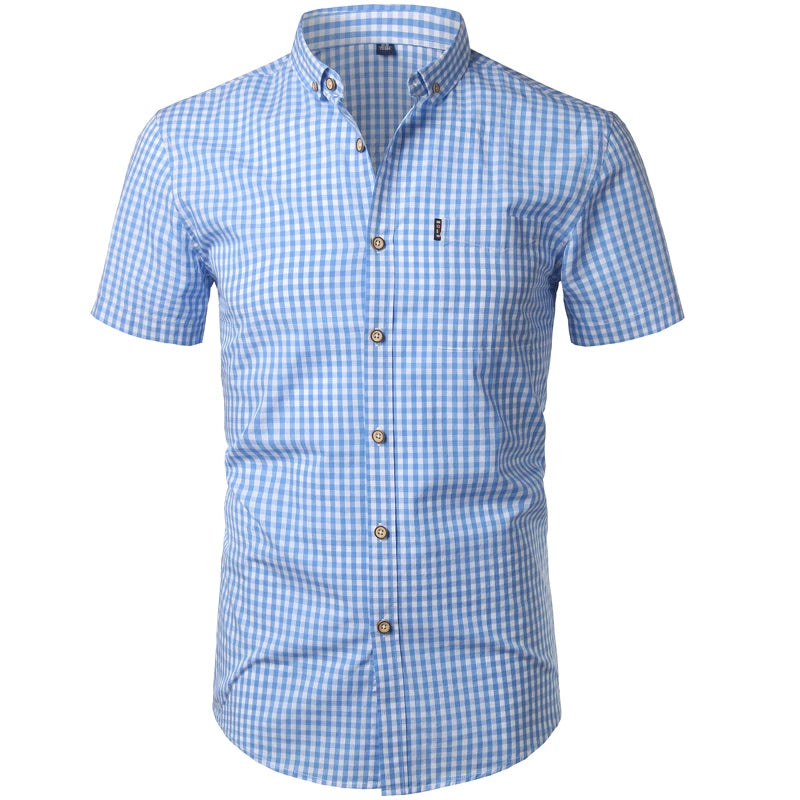 Mens Red Small Plaid Shirts Summer Short Sleeve Cotton Dress Shirts Business Casual Button Down Chemise Homme Camisa Masculina - reetell