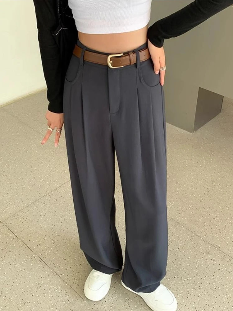 Fashion High Waist Wide Leg Pants Women Spring Fall Baggy Black Trouser Office Ladies Full Length Straight Suit Pant Outwear New - reetell