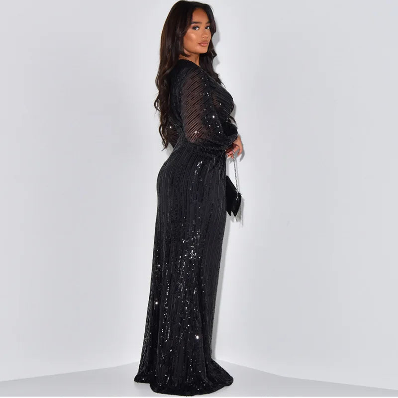 Women Sequins Splice Dress V Neck Full Sleeve A Line Evening Dresses Party Solid High Waist Long Skirts Office Lady Prom - reetell