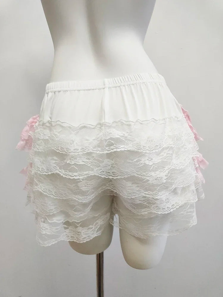 Cute Lace Shorts Women Ribbons Flowers Elastic Waist Lolita Style Multilayer Bottoming Shorts for Sweet Girls Kawaii Clothes - reetell