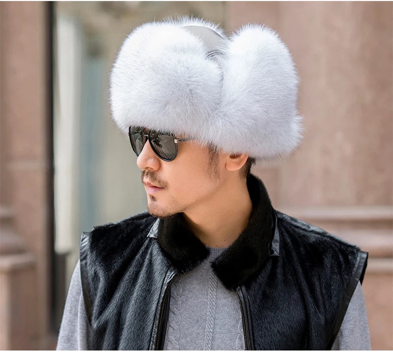 Winter Men's 100% Real Silver Fox Fur Bomber Hat Raccoon Fur Ushanka Cap Trapper Russian Man Ski Hats Caps Real Leather