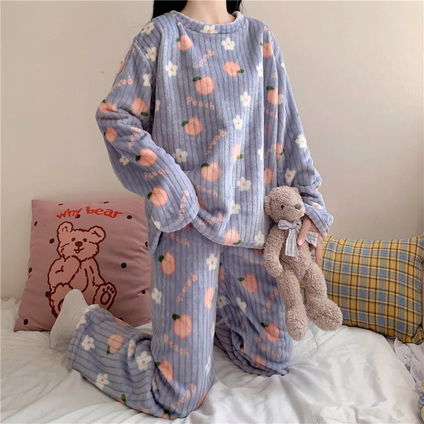 Autumn Women Solid Warm 2 Piece Sets Thicken Velvet Ribbed Fleece Set Pullover And Pants Women Casual Pajama Sets 2024 - reetell