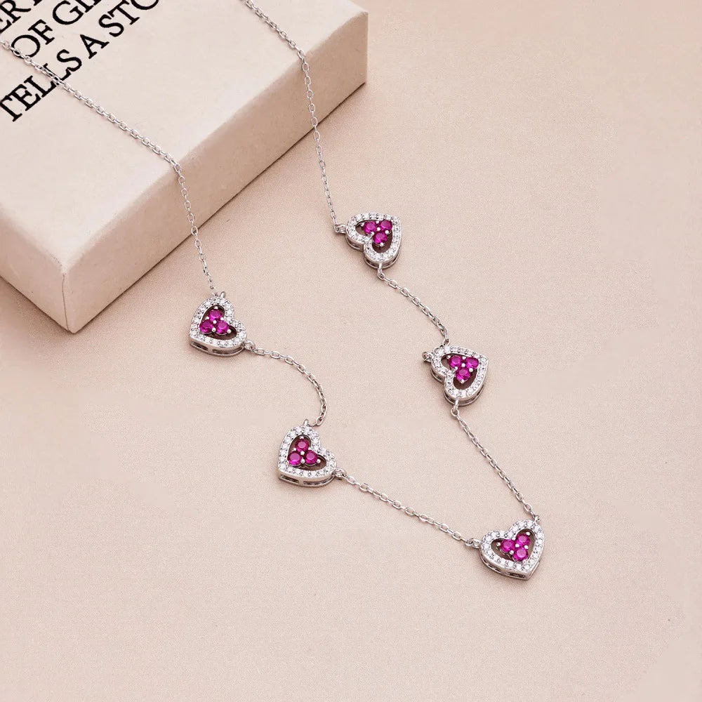 True S925 Silver Heart Necklace Women Rainbow Heart Charm Pendant Necklace Female Luxury Jewelry Sparkling 5A Zircon Girl Gift