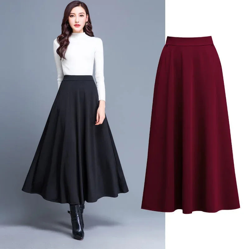 2024 Autumn and Winter Solid Color Woolen Skirt Big Hem A- Line Skirt High Waist Long Woman Skirts Mujer Faldas Saias Mulher - reetell