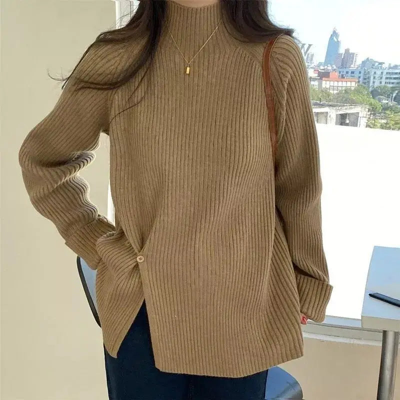 Women's Knit Sweater Off-white Loose Turtleneck Ladies PulloversButtons Slit Hot Sale Winter Offers Trend New Knitwear 2024 - reetell