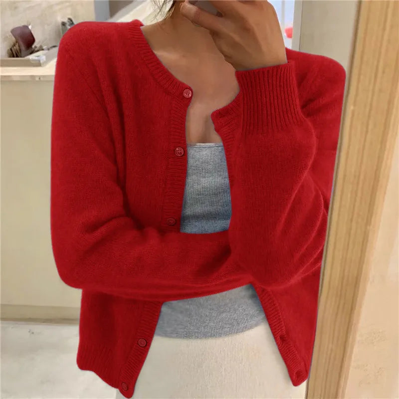 Solid Color Knitted Cardigan Women Korean Single Breasted Long Sleeve Jumper Woman Round Neck All Match Cardigans Outwear 2024 - reetell