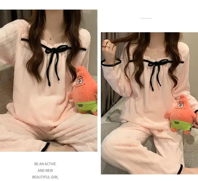 Coral Fleece Pajamas Sets for Women Autumn Winter Thick Warm Sweet Long Sleeve Sleepwear Nightgown Pijama Suit Mujer Homewear