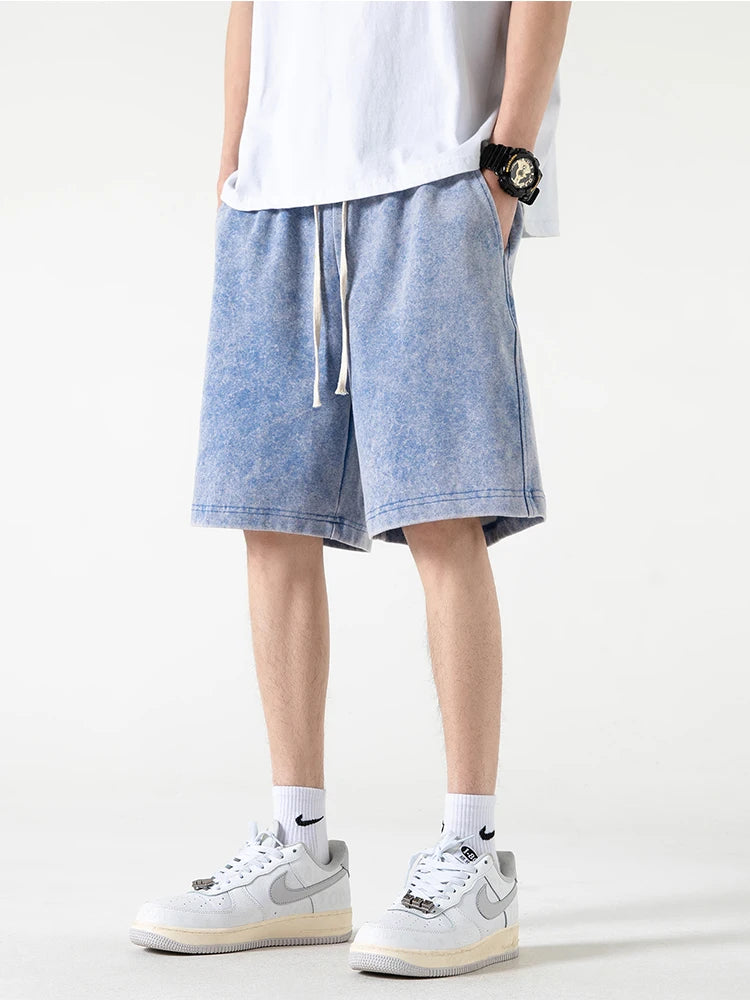 2024 New Distressed Summer Shorts Men 320G Heavy Cotton Drawstring Harajuku Loose Sweatshorts Male Casual Short Pant Streetwear - reetell