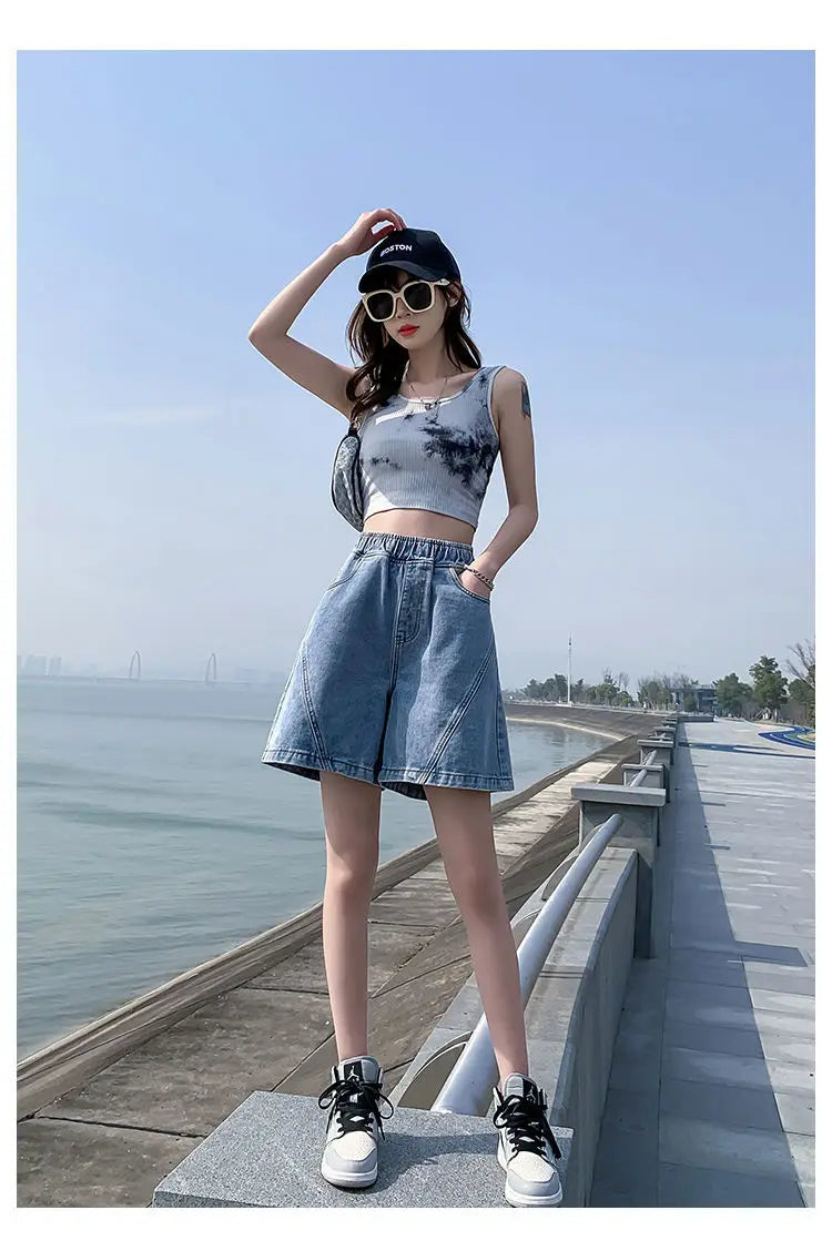 Big Size Denim Shorts Quarter Trousers A Wide Leg Loose High Waist Skinny Students Fattening Women Pocket Splicing Stripe - reetell