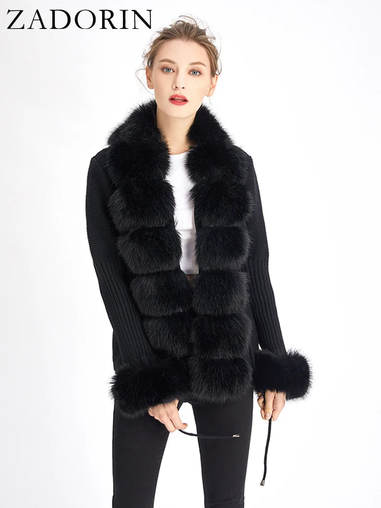 ZADORIN Luxury Fur Cardigan Knit Winter Sweater Women Elegant Detachable Fur Belt White Pink Black Womens Cardigan Korea Style - reetell