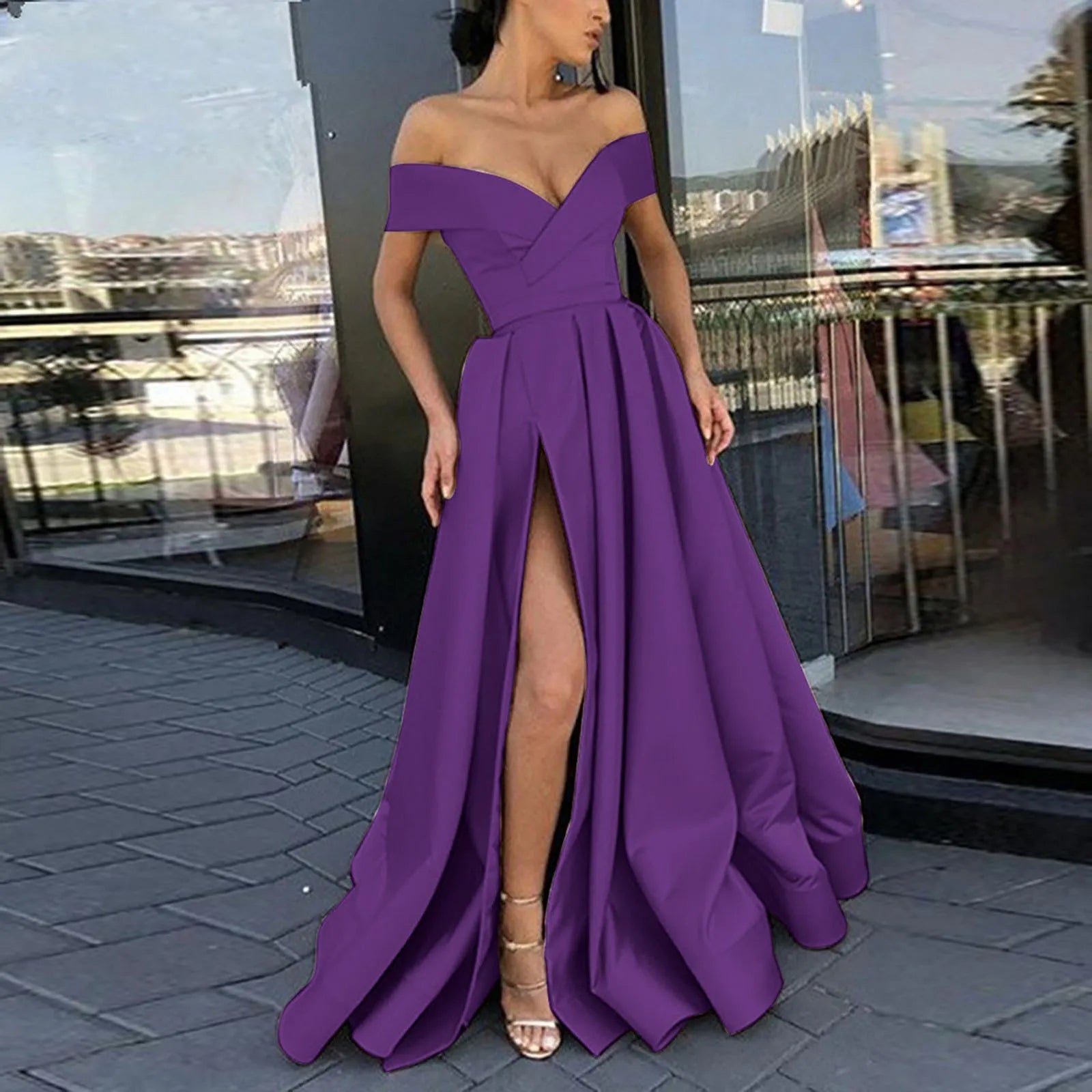 Low Cut V-Neck Party Dress For Women Pleated High Slit Solid Color Waist Evening Dresses Elegant Female Formal Maxi Dress - reetell