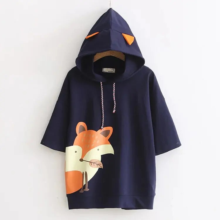 Hot Autumn Cute Fox Printing Hooded Sweatshirt Women Clothing Pullovers Plus Velvet Patchwork Female Sweet Thick Warm Hoodies - reetell