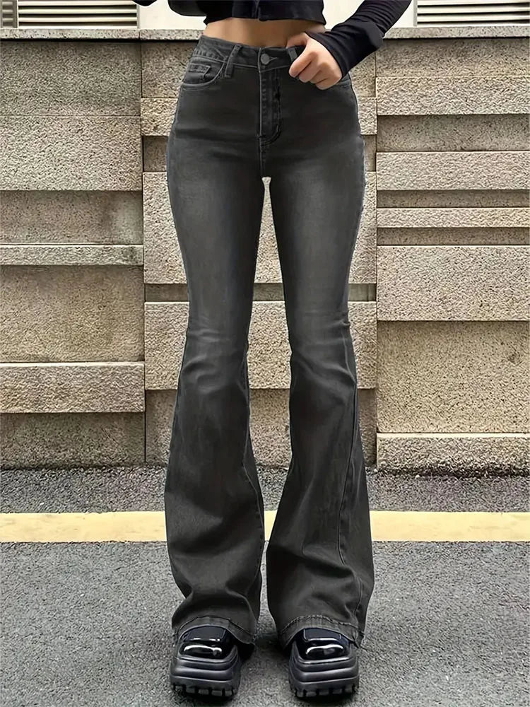 Women Flare Stretch Moustache Jeans Fashion Skinny Bell Bottom High Waist Gray Denim Pants Lady Classic Y2K Punk Long Trousers - reetell