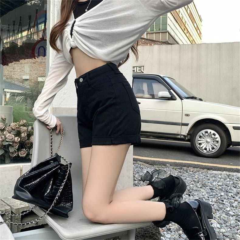 150cm Petite Girls Versatile Rolled Edge Denim  Women With High Waistretro Slim Fit XS Size Showing Slim Hot Pants Summer Wear - reetell