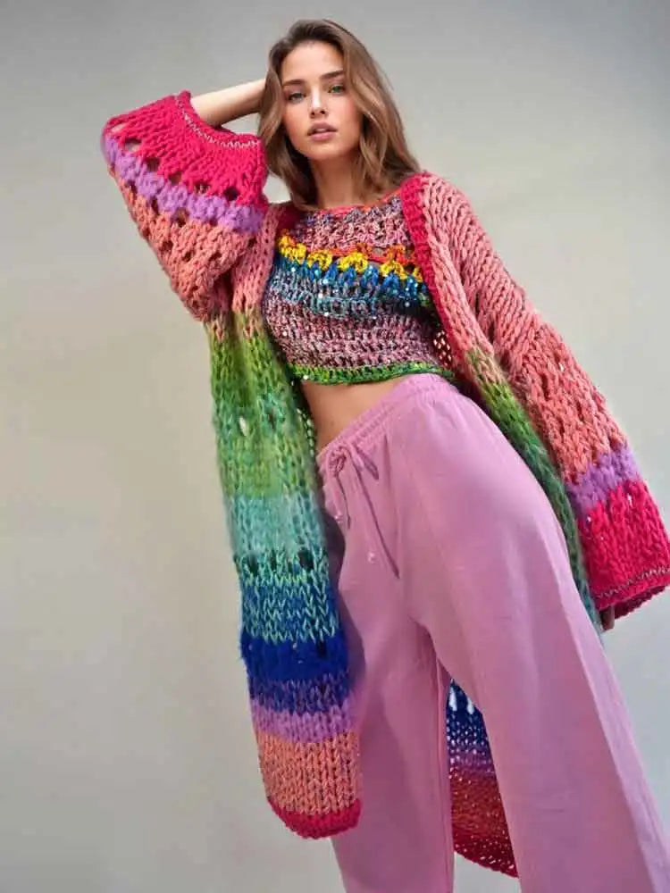 Boho Multicolor Crochet Cut Out Bell Sleeve Cardigan 2024 Autumn Winter Knitted Dress Women's Long Cardigan Sweater Jacket K12 - reetell