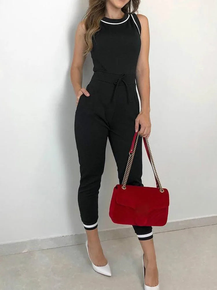 Contrast Binding Tie Waist Casual Jumpsuit Women Rompers Sleeveless Summer One Piece Overall