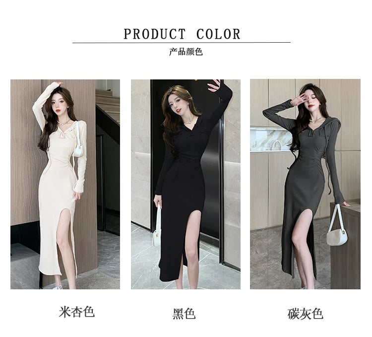 Autumn Fashion Solid Hooded Party Dresses for Women Elegant Birthday Evening Dress Female Sweatshirt Slit Midi Vestidos Mujer - reetell