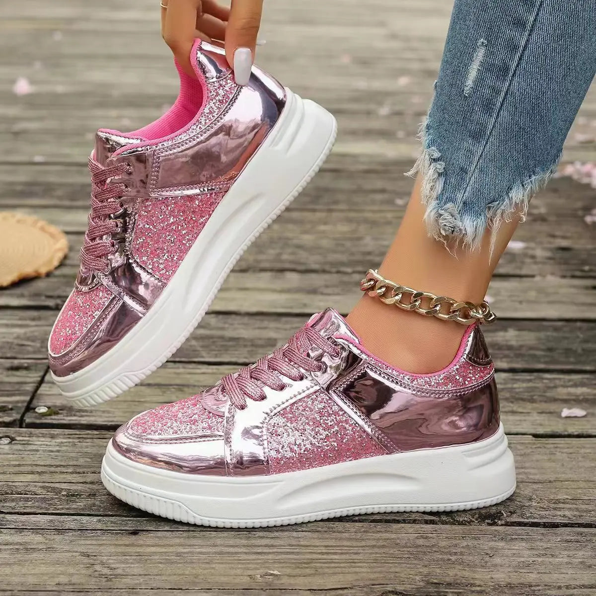 Women's Gold Sequins Platform Sneakers Autumn Fashion Casual Sports Shoes Thick Bottom Vulcanized Shoes Woman Flats Heels Shoes