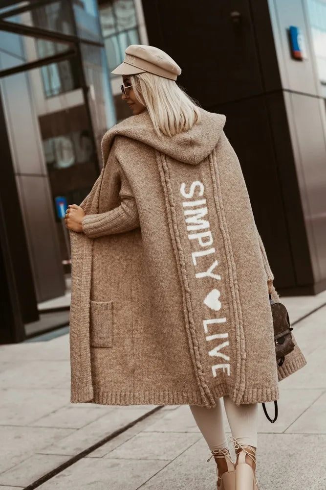 Sweater Cardigan Women Hooded Letter Long Knit Jacket Streetwear Loose Sweaters 2023 Autumn Warm Winter Clothes Knitwear Coat - reetell